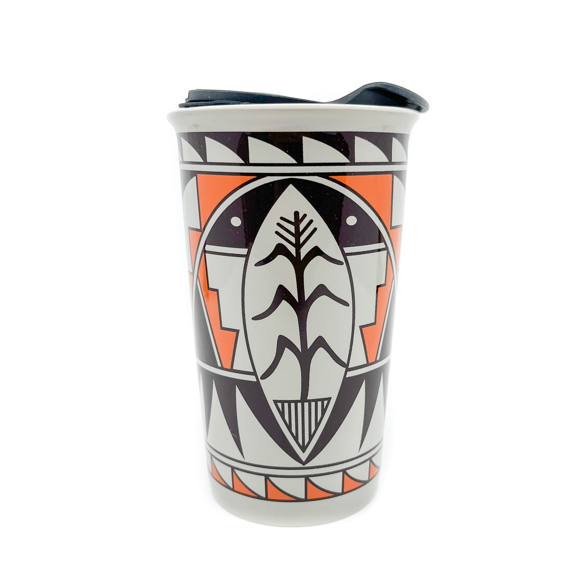﻿Traditional pottery design by Juanita C. Fragua from Jemez Pueblo, NM 12 oz. ceramic Travel Style mug, includes press-in suction lid Enclosed card with photo and information on the artist Your purchase supports the Indian Pueblo Cultural Center Note: Please hand wash, not for use in microwave 