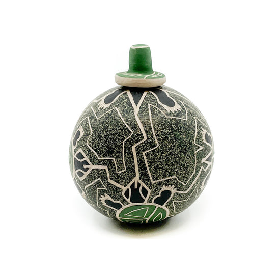 Lidded Green Seed Pot with Turtles