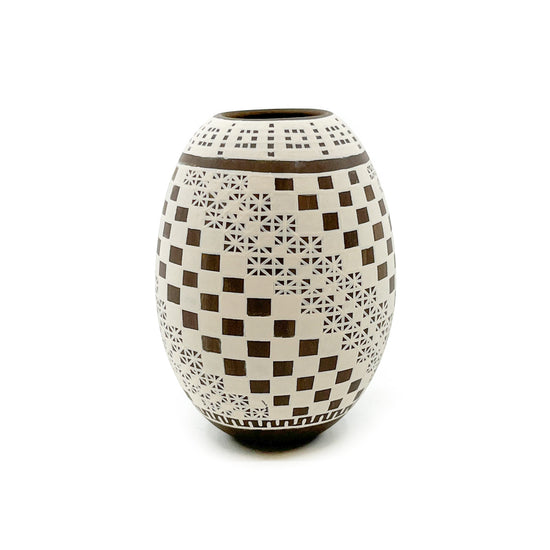 White on Brown Pot with Geometric Designs