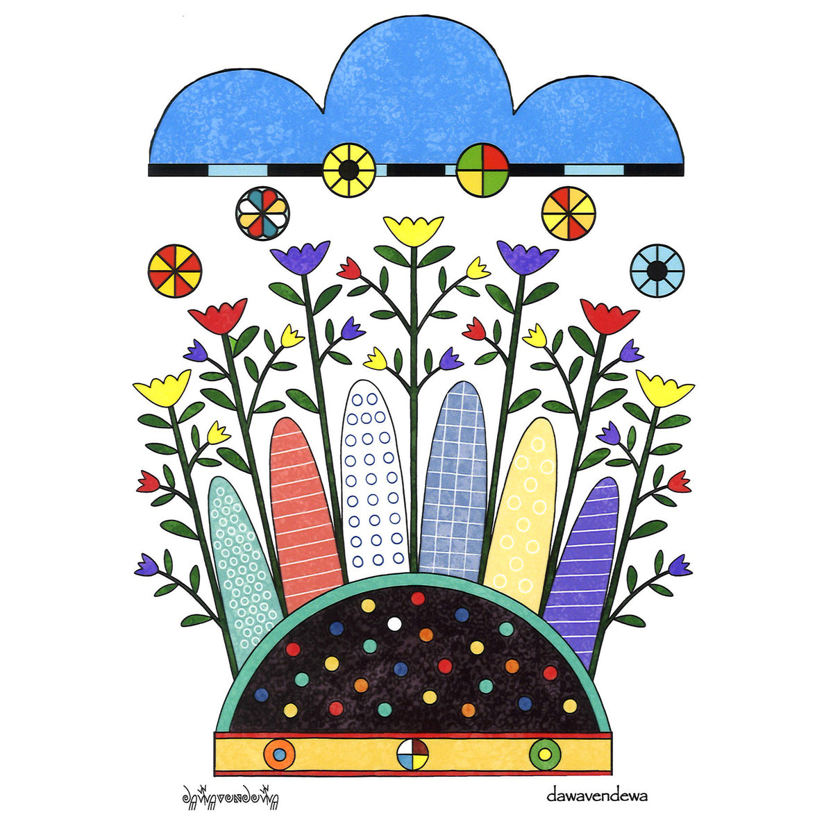 The designs on these cards are prints of original artwork by Hopi Artist Gerald A. A. Dawavendewa. The inside of this card is blank allowing you to use these for all special occasions.&nbsp; Size: 5 inches by 6.5 inches  "Siitalpuva (A Land Brightened With Flowers)", story on back, comes with white envelope