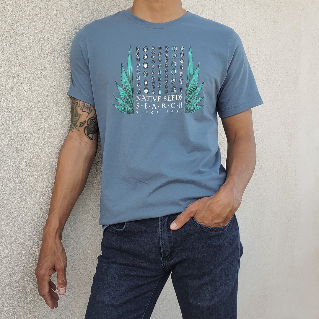 native seeds search log t-shirt with seed design and agave leaves