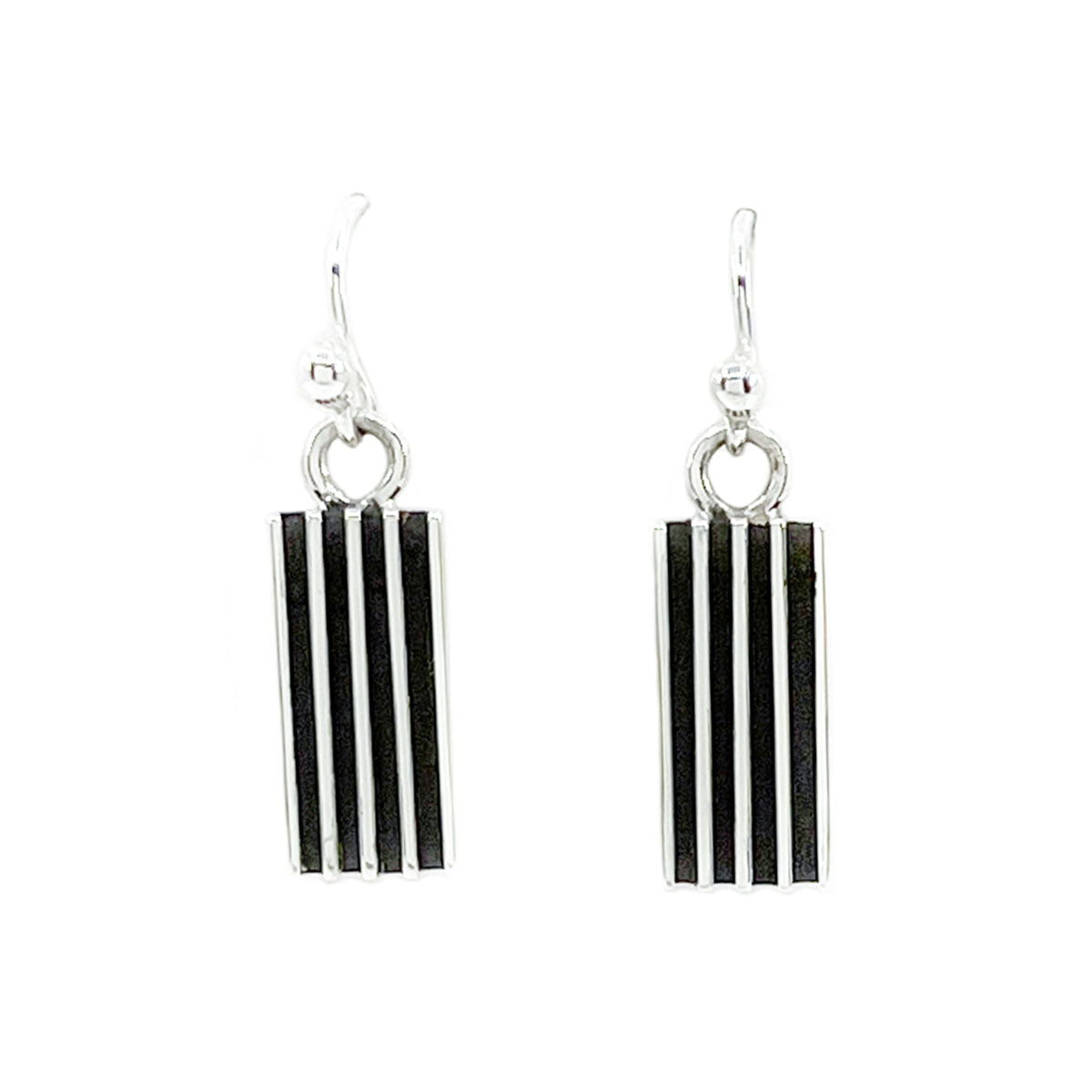 Sterling silver short "track style" dangle earrings  By well known Diné silversmith, Frances Jones Stamped with artist's hallmark on the back Measures approximately .75 inches long by .25 inches wide, dangles from ear lobe 1 inch