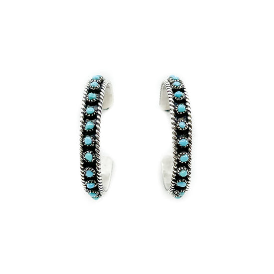 Load image into Gallery viewer, Zuni Petit Point Silver and Turquoise Hoop Earrings
