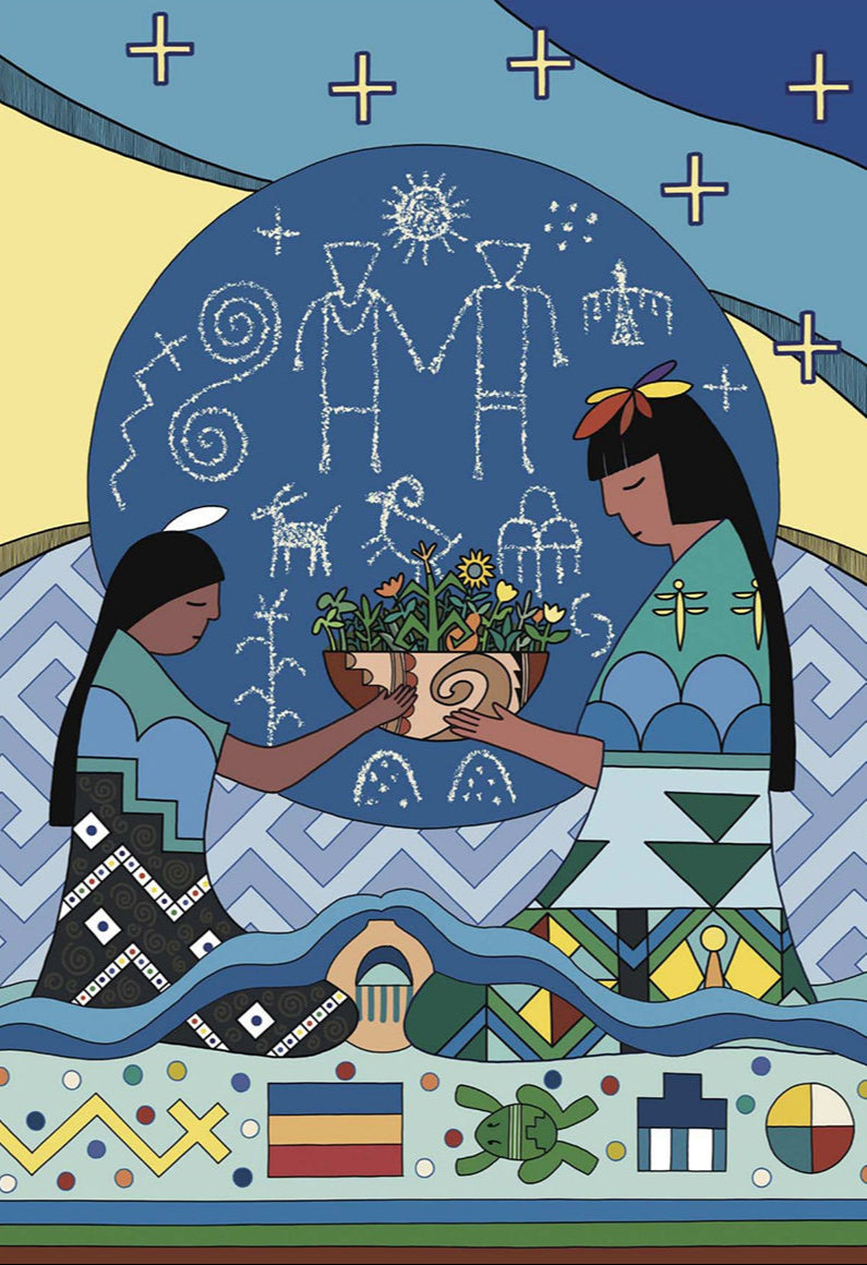 Partial description from the artist: "The spirit of Mother Earth encounters a child who symbolizes the world's people. Mother Earth offers a bowl filled with young plants that provide nourishment, medicine, and materials for shelter and clothing. The young child accepts mother Earth's gifts along with the responsibility of coexisting with all nature..."
White matted print measures 11 x 14 inches 
Image measures 9.5 x 7.5 inches
Information about this artwork, the artist and Hopi culture included on back