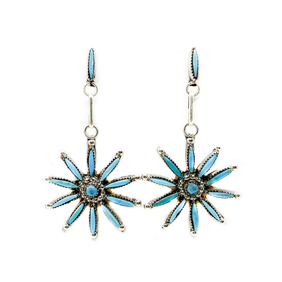 Hand crafted turquoise fine needlepoint earrings By Zuni artist Yvete Kaamasee Sterling Silver settings, posts and backs Each earring measures approximately 2 inches in total length, Sunburst measures 1 inch in diameter