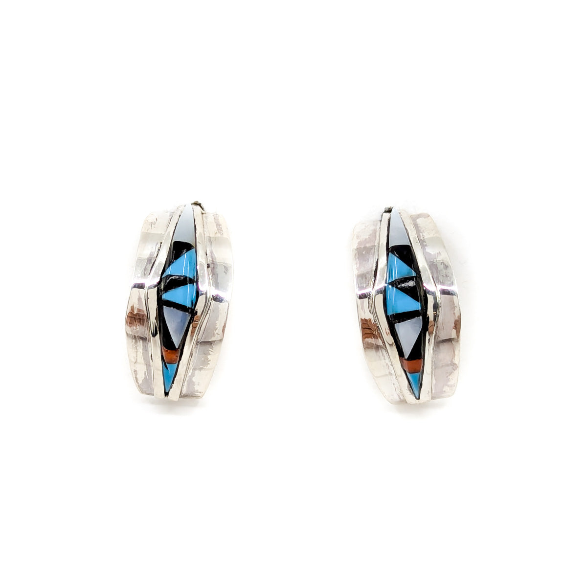 Tapered Zuni Inlay Silver Hoop Earring