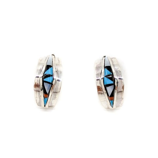 Tapered Zuni Inlay Silver Hoop Earring