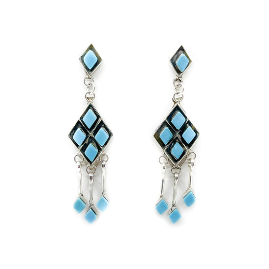 Diamond Shaped Turquoise and Sterling Silver Dangle Earrings