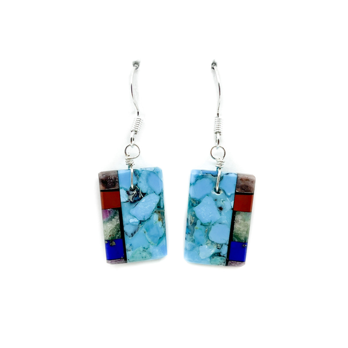 Turquoise Dangle Earring with Lapis & Red Coral Red Mosaic Inlay
