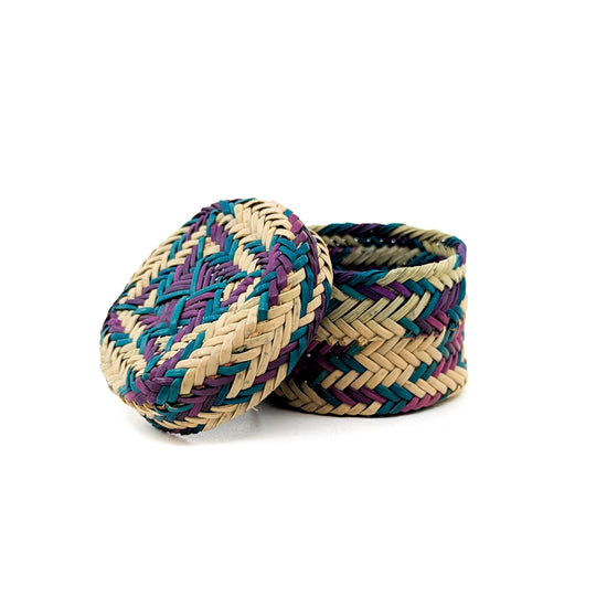 Mini Lidded Pine Basket with Purple and Green Accents