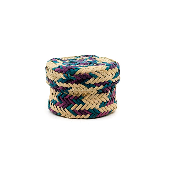 Mini Lidded Pine Basket with Purple and Green Accents