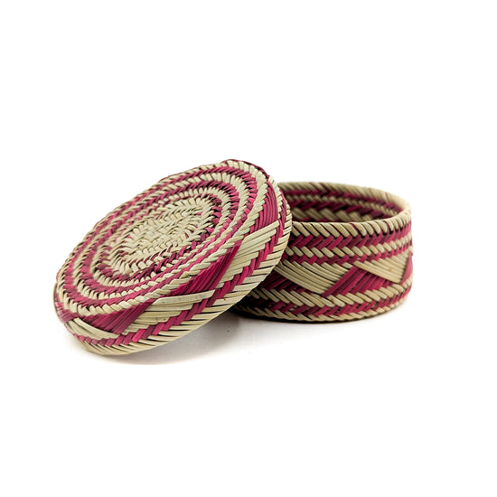 Pine Lidded Basket with Dark Pink Geometric Accents