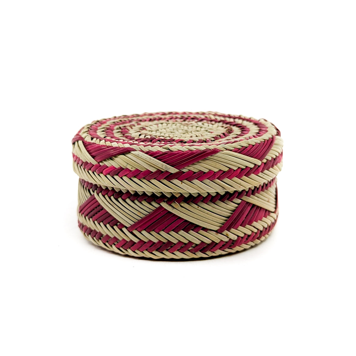 Pine Lidded Basket with Dark Pink Geometric Accents