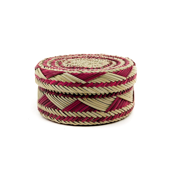 Pine Lidded Basket with Dark Pink Geometric Accents