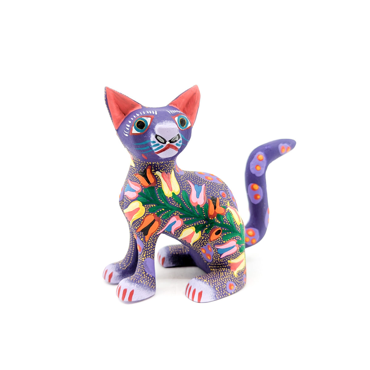 Finely Painted Purple Cat with Colorful Tulips