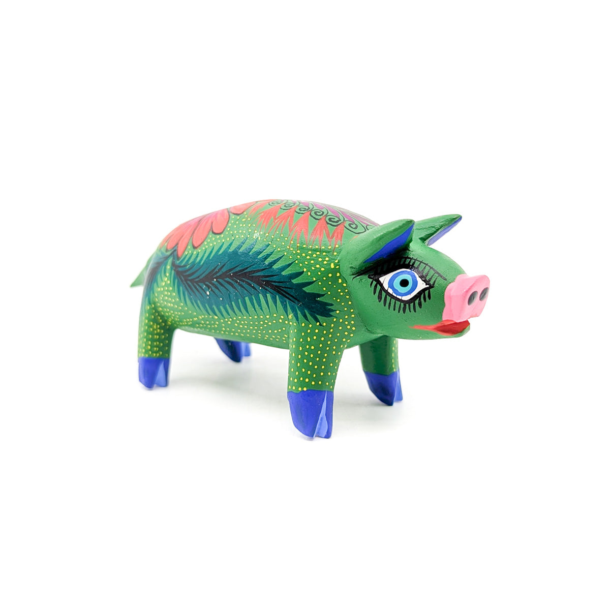 Whimsical Pig in Green with Floral Accents