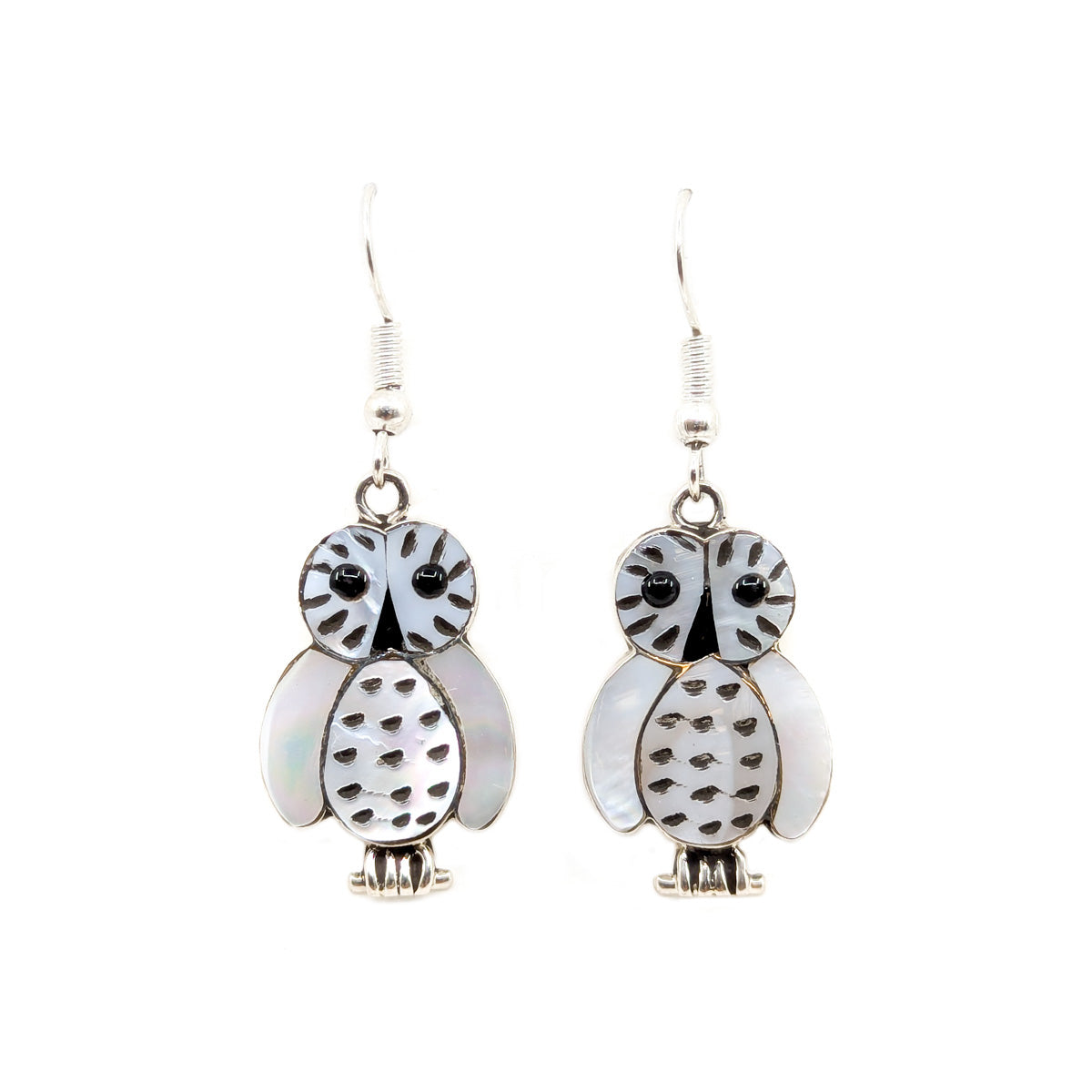 Mother of pearl owl earrings, french hooks, sterling silver