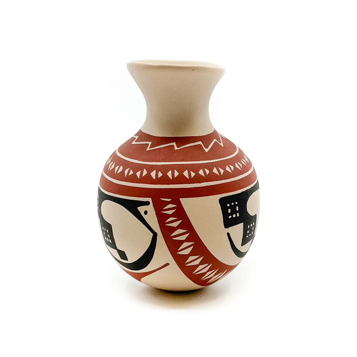 Small Vase with Red & Black Designs on White Clay