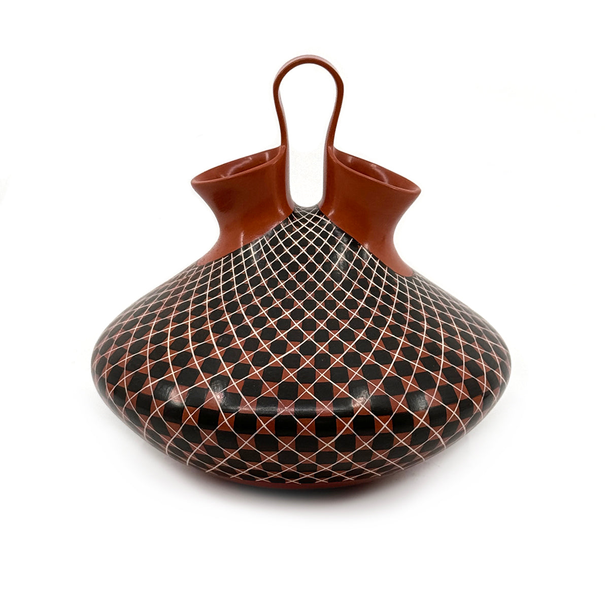 Load image into Gallery viewer, Handcrafted pot by Mata Ortiz artist Olga Quezada Thin, and lightweight pot with black geometric designs on red clay Measures approximately 6.50 inches high x 6.75 inches in diameter at widest circumference
