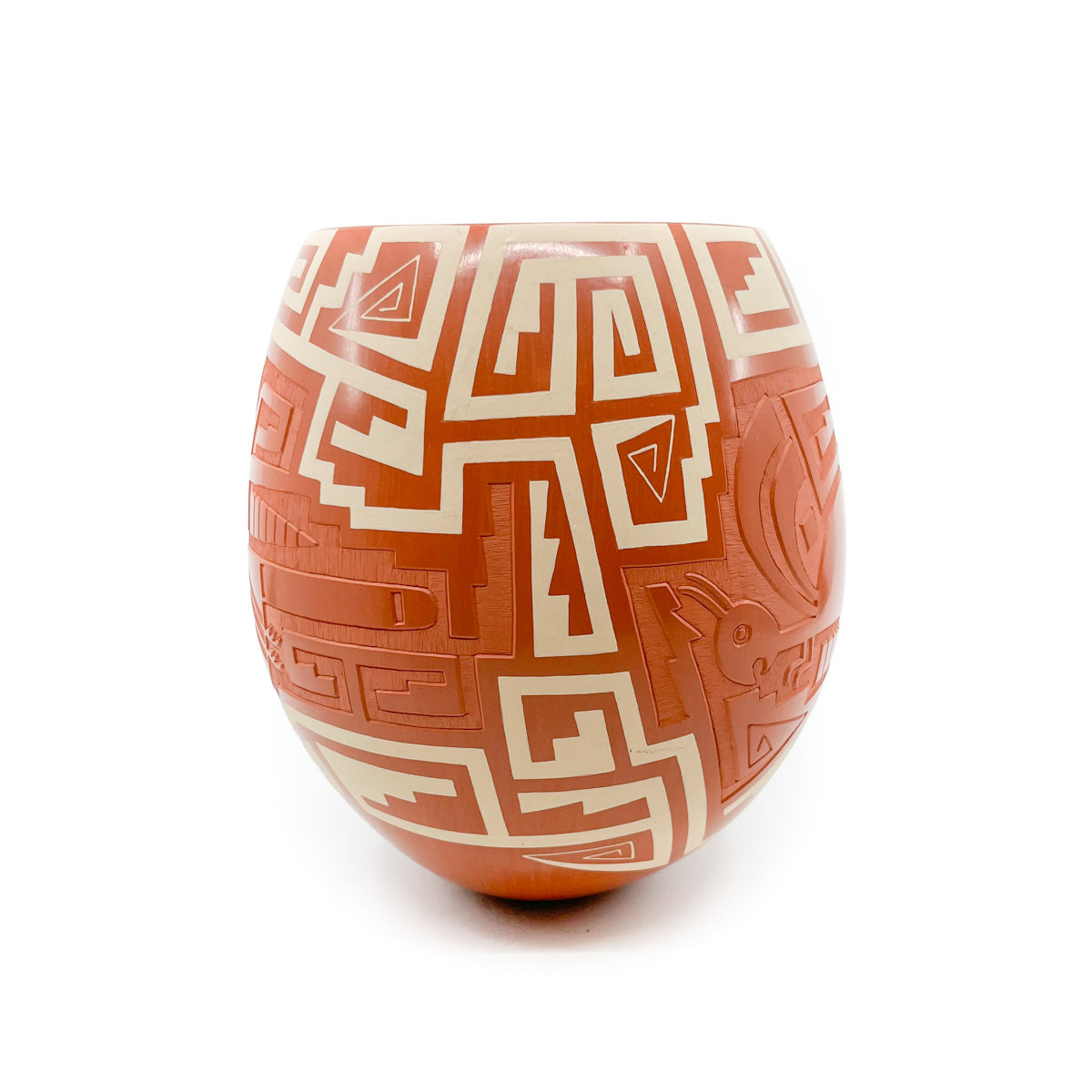 Large Pot with Carved Geometric Motif - Red & White Clay