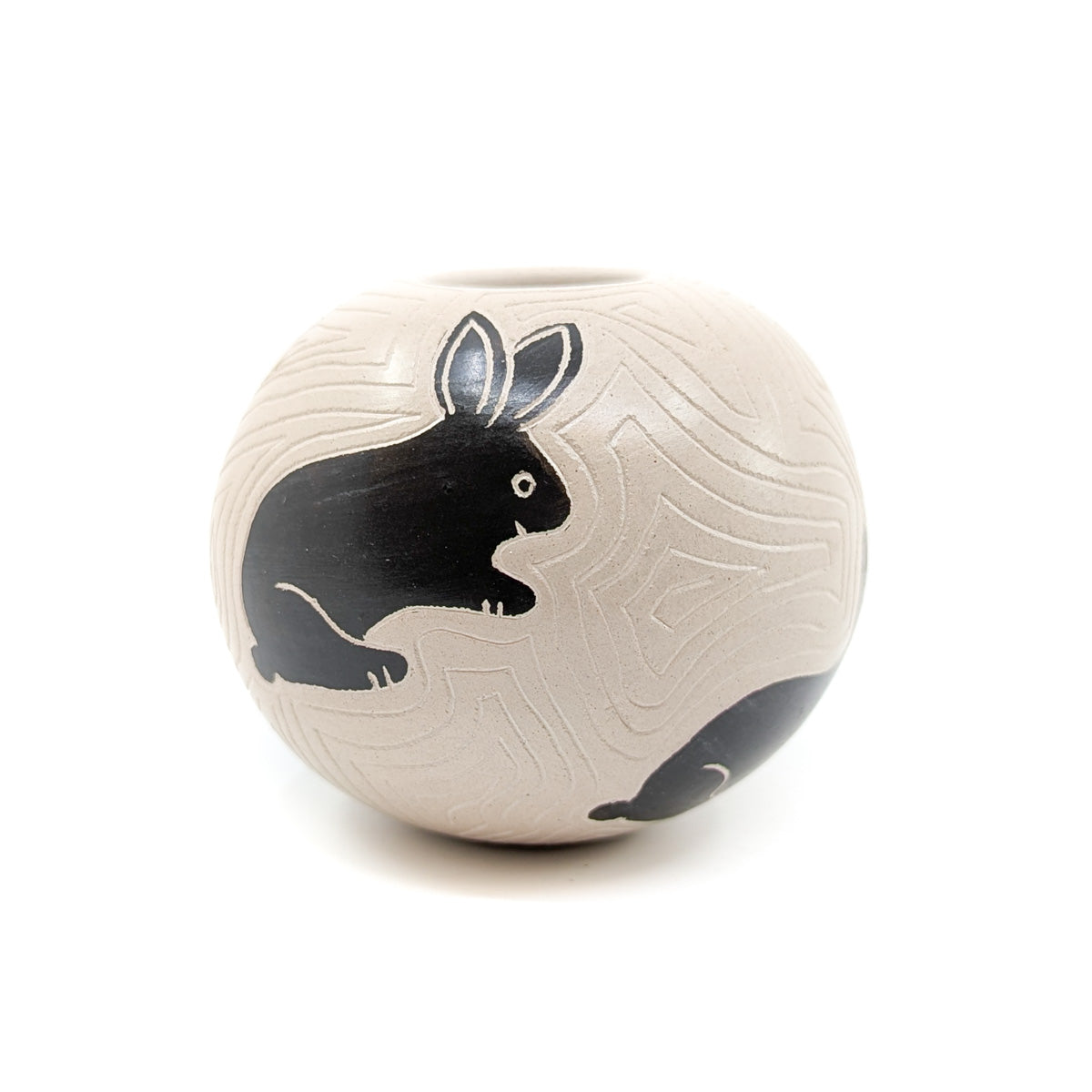 Carved Seed Pot with Black Bunny