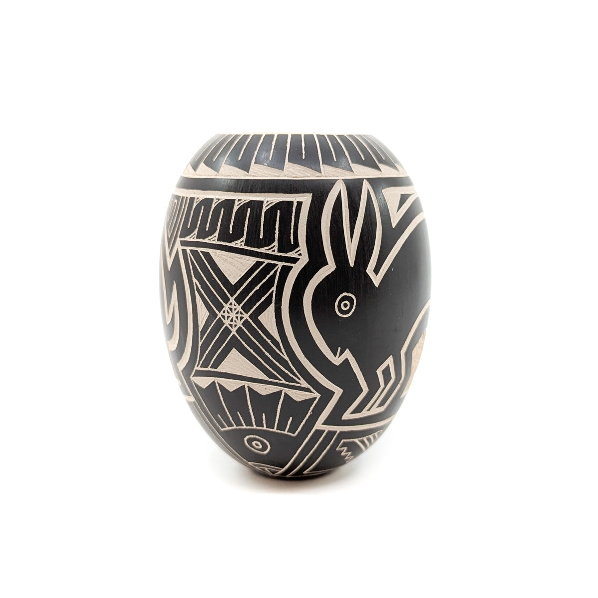 Black and White Etched Mimbres Rabbit Seed Pot