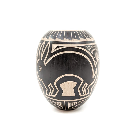 Black and White Etched Mimbres Rabbit Seed Pot