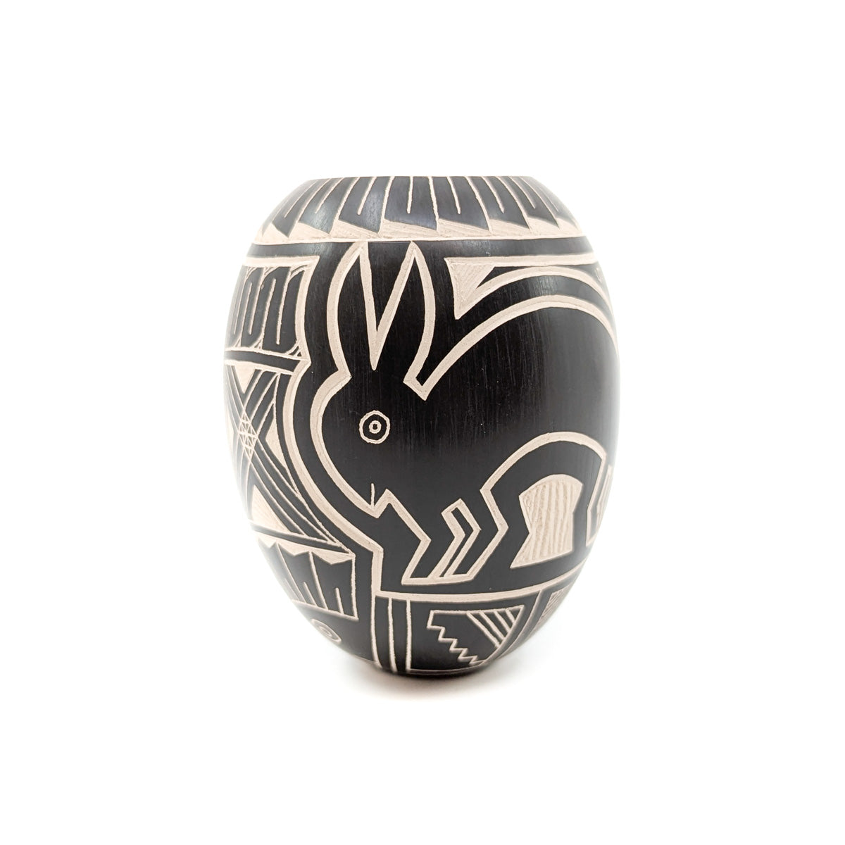 Black and White Etched Mimbres Rabbit Seed Pot