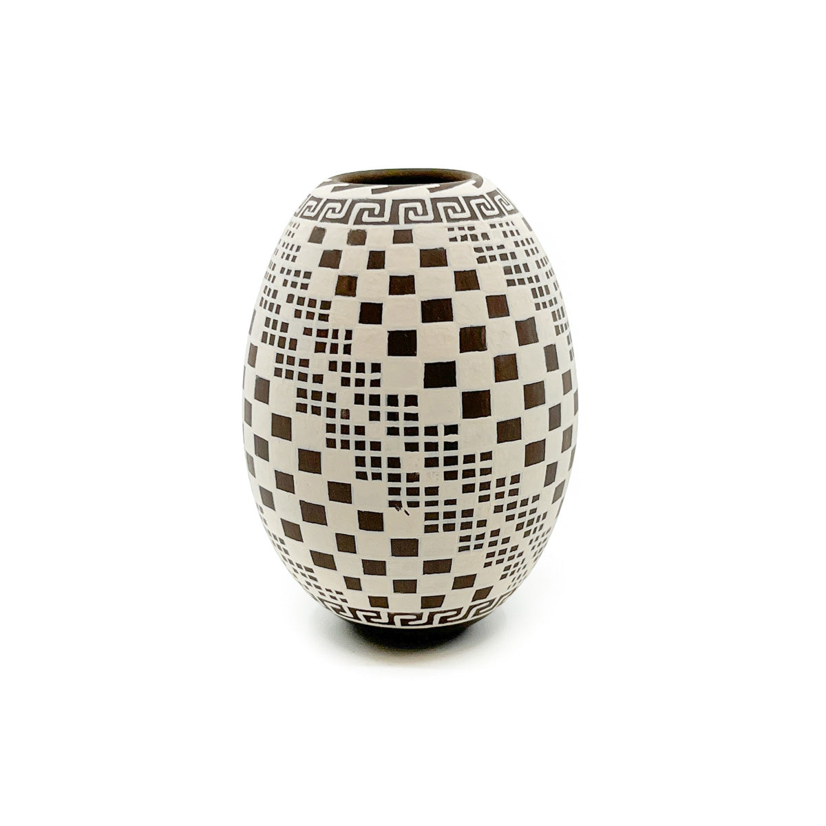 Checkerboard Patterned White on Brown Pot