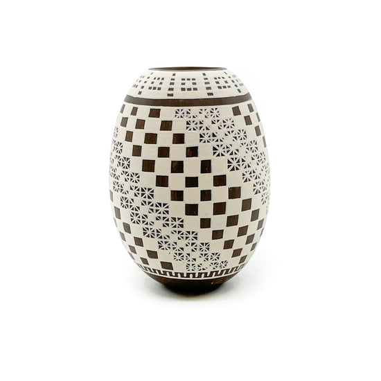 White on Brown Pot with Geometric Designs