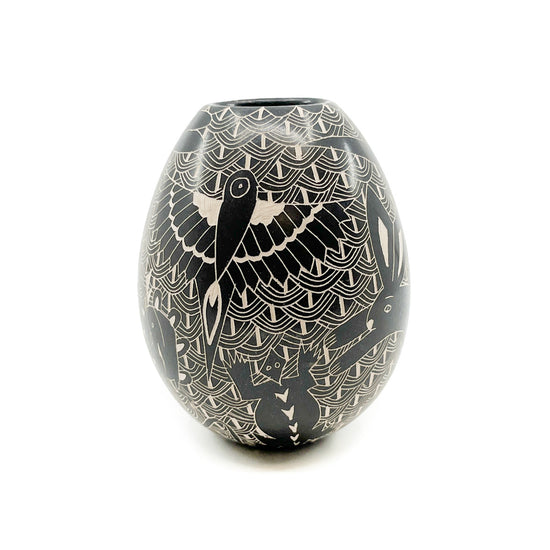 Load image into Gallery viewer, Black and White Jar with a Sgraffito Animal, Insect, Reptile and Geometric Design
