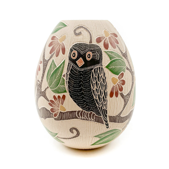 Load image into Gallery viewer, Sgraffito and Painted Owl Design with Branches and Flowers

