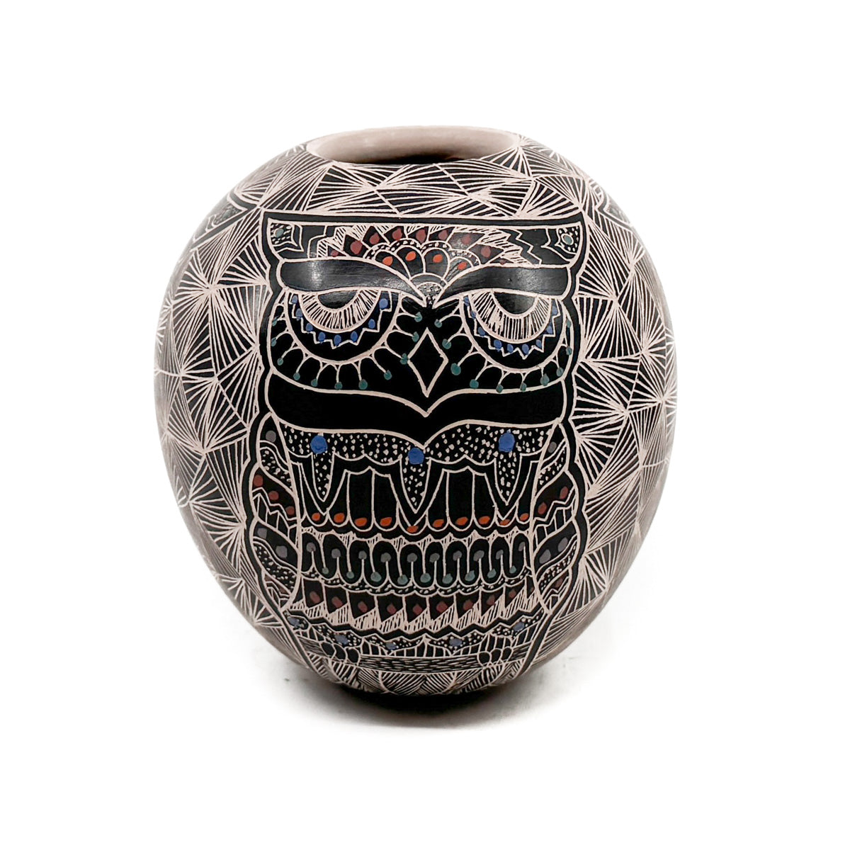 Load image into Gallery viewer, Handcrafted pot by Mata Ortiz artist Ailadi Mijarez Polychrome jar decorated with sgraffito and painted owl and geometric design Measures approximately 4.75 inches high x 4.25  inches in diameter at widest circumference
