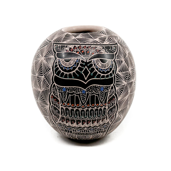 Load image into Gallery viewer, Handcrafted pot by Mata Ortiz artist Ailadi Mijarez Polychrome jar decorated with sgraffito and painted owl and geometric design Measures approximately 4.75 inches high x 4.25  inches in diameter at widest circumference
