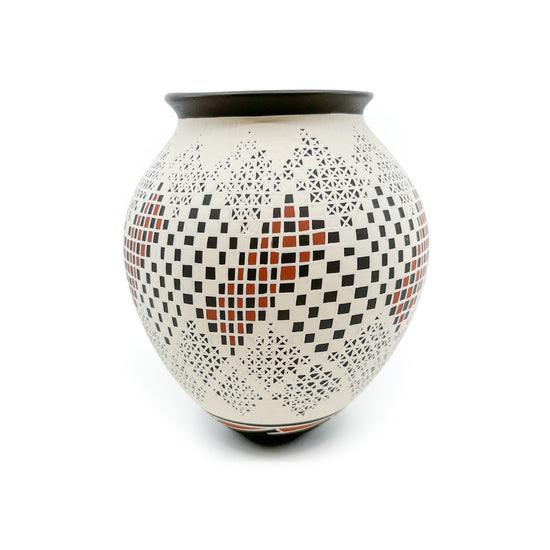 Load image into Gallery viewer, Buff and Red Checkerboard Design on Black Pot
