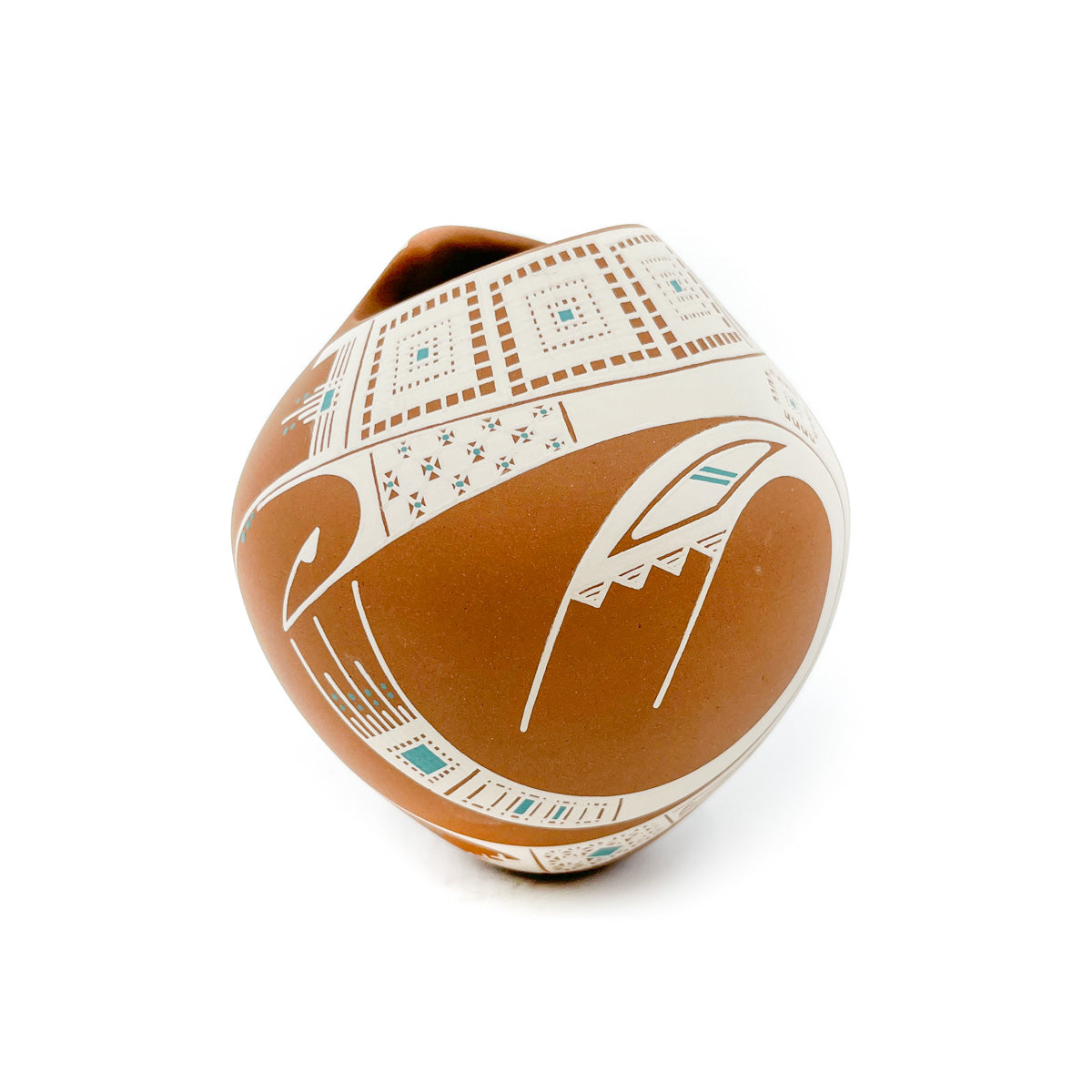 Buff on Red Clay Pot with Geometric Design, Turquoise Colored Accents