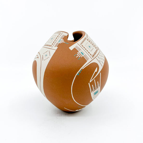 Buff on Red Clay Pot with Geometric Design, Turquoise Colored Accents