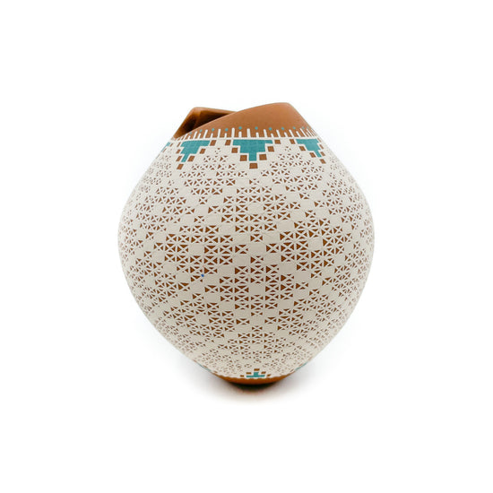 Checkerboard Diamond Pattern with Sculptural Opening and Turquoise Colored Accents