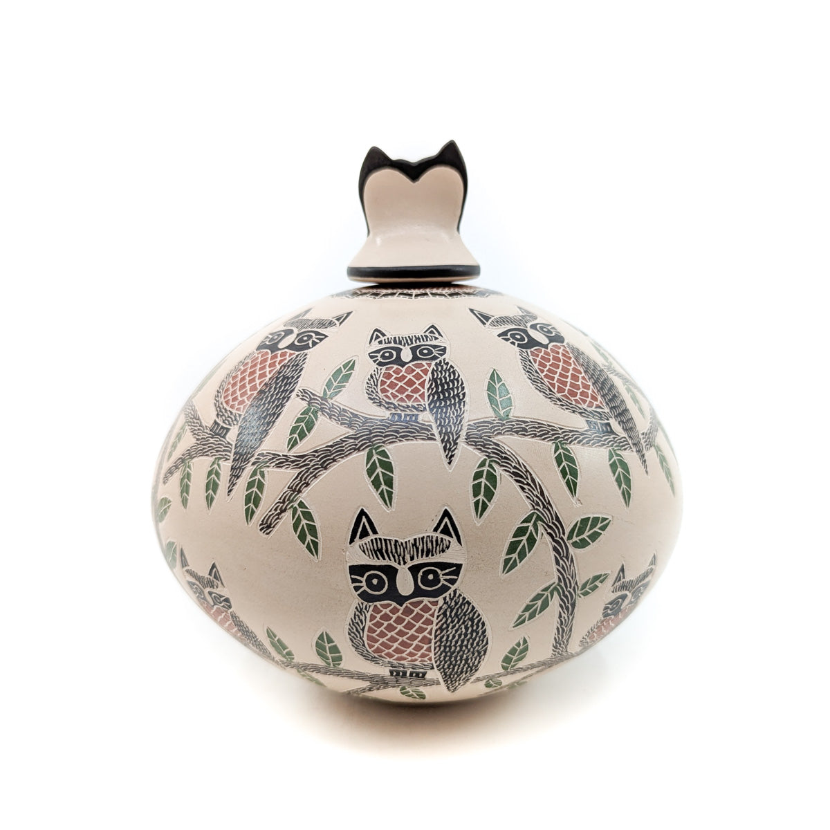 Finely Etched Owl Pot with Sculptural Lid