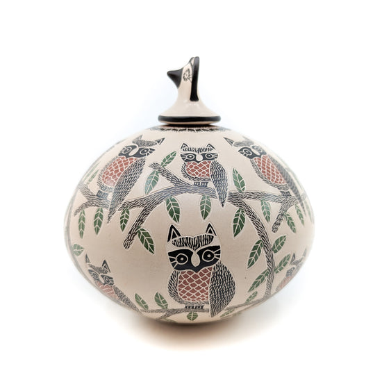 Finely Etched Owl Pot with Sculptural Lid