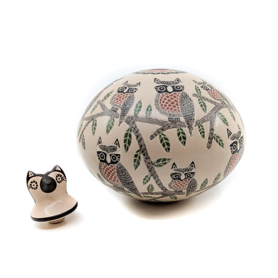 Finely Etched Owl Pot with Sculptural Lid