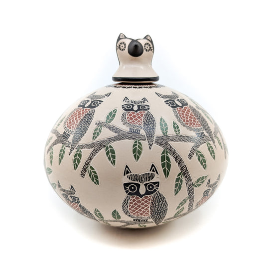 Finely Etched Owl Pot with Sculptural Lid