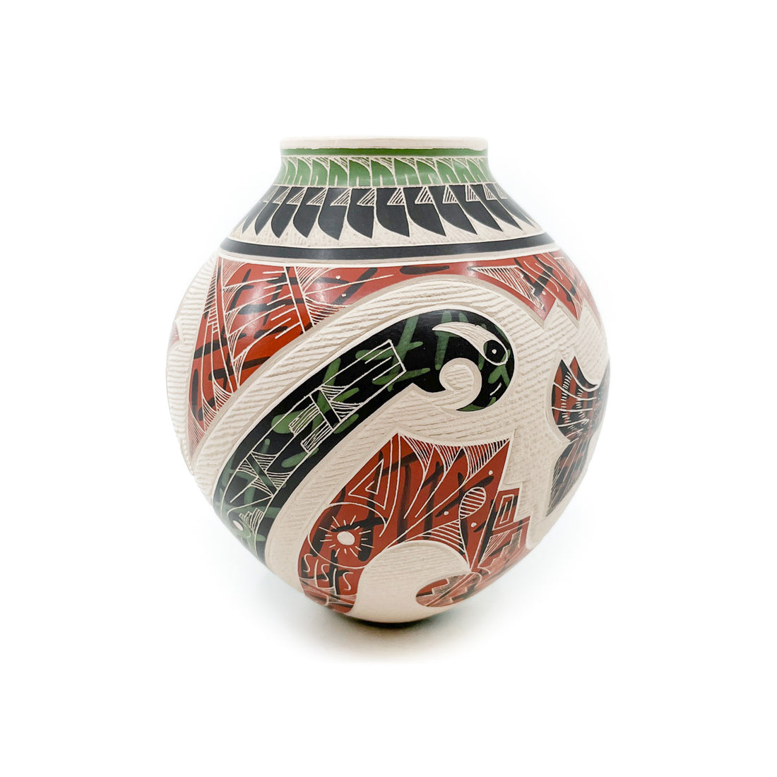 Mata Ortiz Spheric Beige Pot with Teal Owl