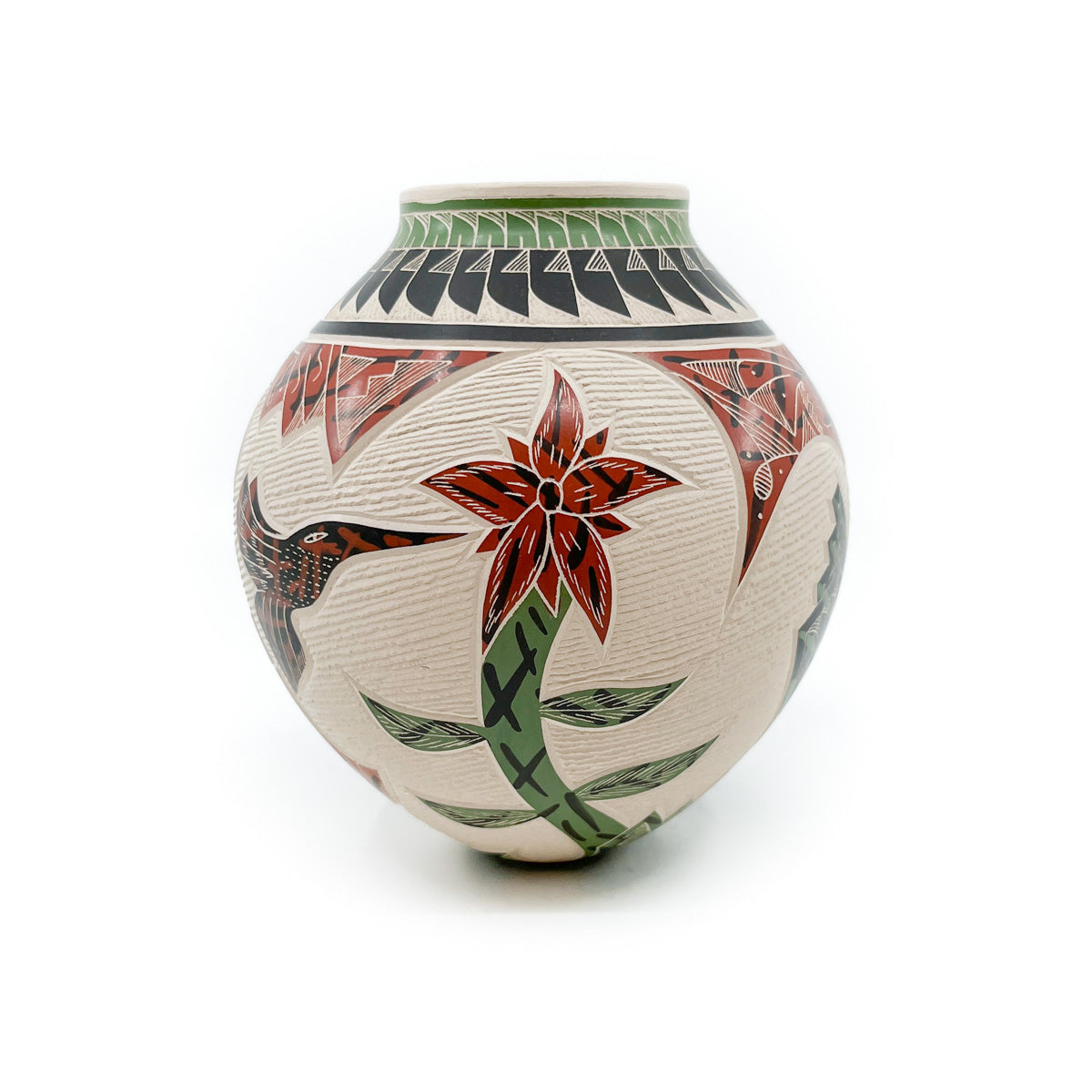 Red, Black and Green Pot with Hummingbird, Parrot and Feather Motif