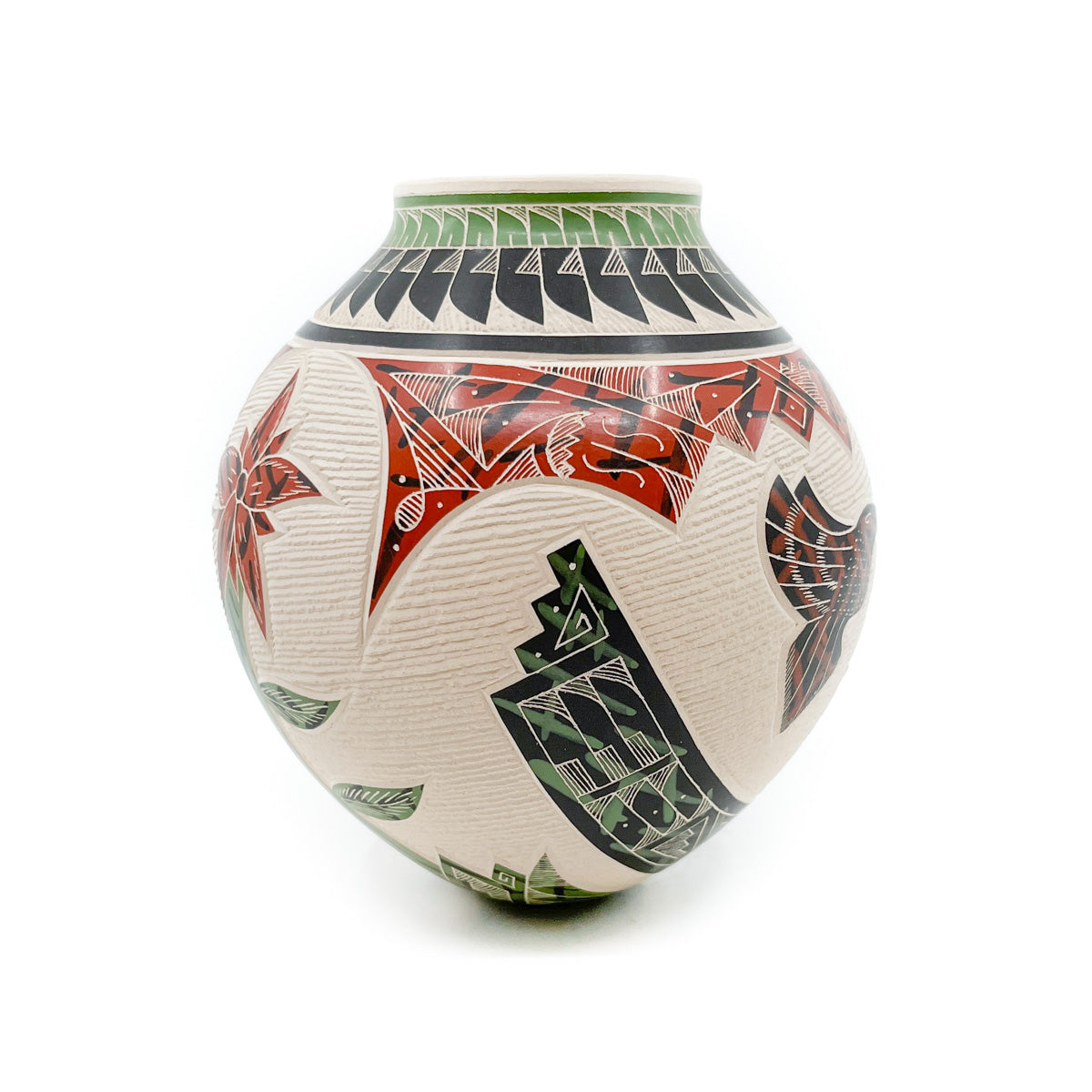 Red, Black and Green Pot with Hummingbird, Parrot and Feather Motif