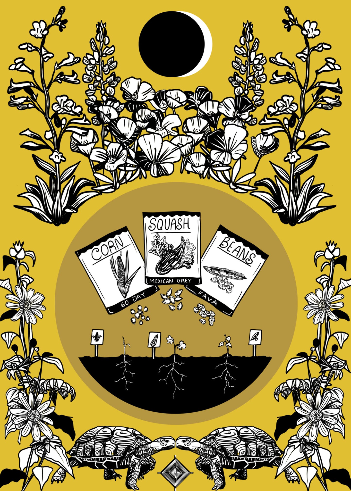 By Alexandra Jimenez, Tucson artist.  This six card set was designed to celebrate the five seasons found in the Sonoran Desert. Each card celebrates the bounty and diversity of the season with illustrations showing what is blooming in the wild and what is happening in your garden.  These Images are unified by a thematic exploration of the moon's power in planting and growing. The sixth card illustrates the moon's influence on seed germination and plant growth. A sticker of this moon illustration is included