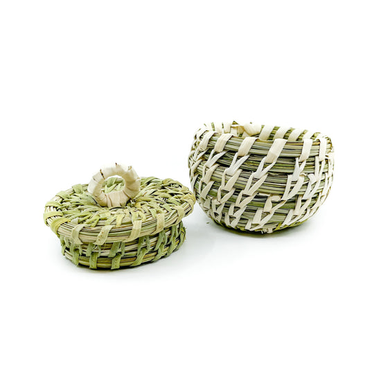Small Green Lidded Basket with Split Stitch Weave