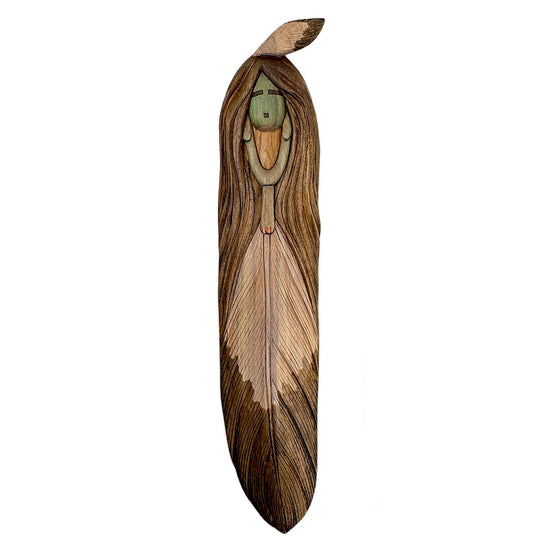 <ul> <li>Feather Maiden wall hanging with&nbsp;Eagle Feather body adorned with carved feather on head</li> <li>Hand carved from a single piece of cottonwood root</li> <li>By award winning Hopi Artist Sunaweuma (Dino Patterson) from Third Mesa, AZ</li> <li>Sculpture measures approximately 18 inches&nbsp;long including feather and 3.5 inches wide</li> <li>Beautiful, elegant workmanship</li> <li>Signed by the artist on back</li> </ul>