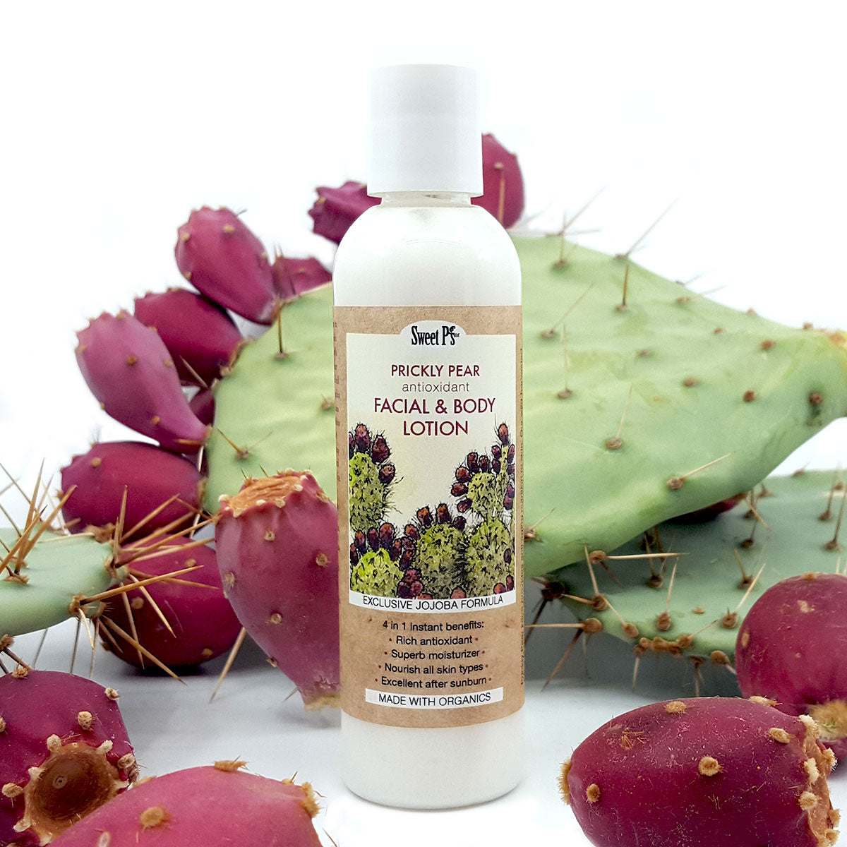 Super rich antioxidant and moisturizer, no added fragrance Jojoba rich moisturizer for face and body Prickly pear juice promotes optimal cellular health Helps protect skin from free radicals Excellent as an after sun treatment or sunburn Ingredients: Wild crafted Opuntia engelmanni (prickly pear juice), organic Simmondsia chinensis (jojoba oil), stearic acid, emulsifying wax, xanthan gum, vegetable glycerin, benzyl alcohol and dehydroacetic acid 4 oz. Bottle