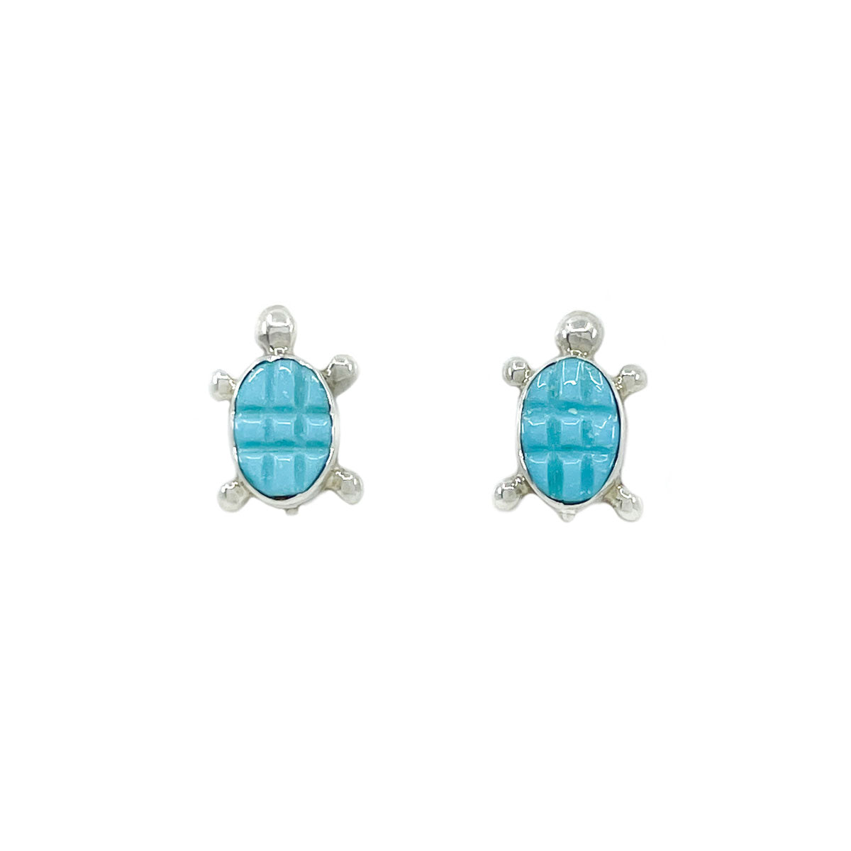 Small carved Sleeping Beauty Mine turquoise turtle stud earrings in sterling silver setting By Falena and Verona Malie Measures approx. 3/8 of and inch wide by .50 inches long 